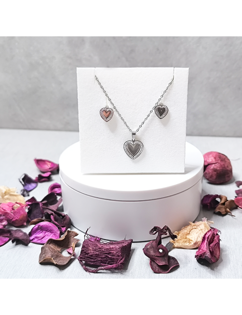 Juego de colgante más pendientes - Acero hipoalergenico - Plateado - Corazón con brillantes