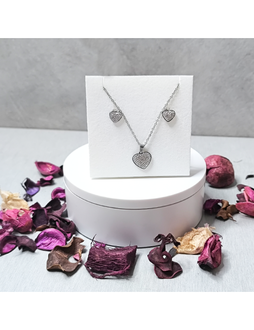 Juego de colgante más pendientes - Acero hipoalergenico - Plateado - Corazón de brillantes2