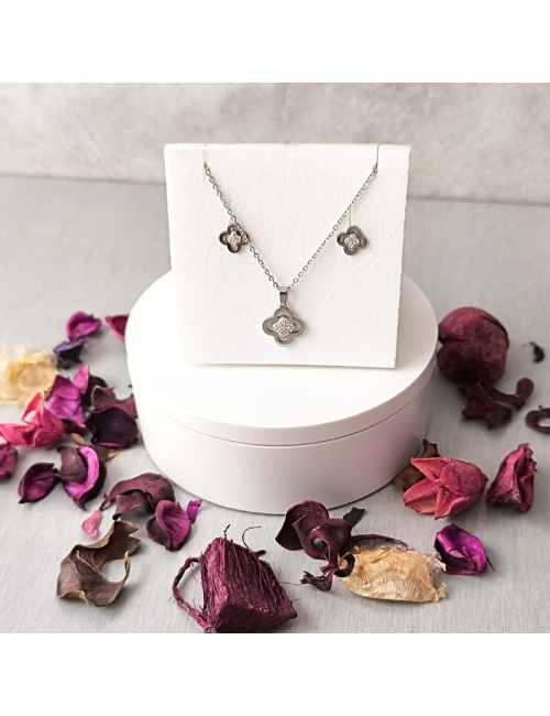 Juego de colgante más pendientes - Acero hipoalergenico - Plateado - Flor con brillantes