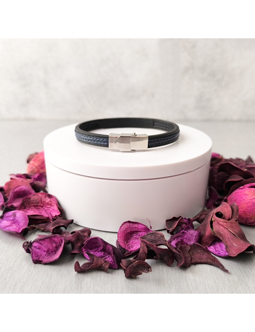 Pulsera - Esclava - Personalizada - Acero hipoalergenico - Cuero Negro y Azul