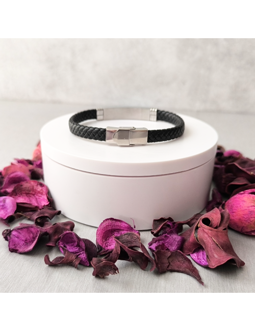 Pulsera - Esclava - Personalizada - Acero hipoalergenico - Cuero Negro2