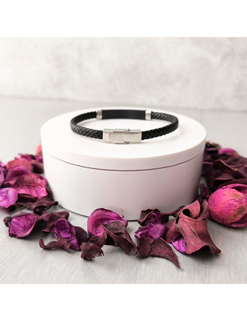 Pulsera - Esclava - Personalizada - Acero hipoalergenico - Cuero Placa negra