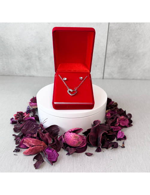 Juego de colgante más pendientes - Acero hipoalergenico - Plateado - Corazón con brillantes