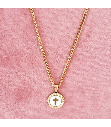 Collar  "Medalla de cruz nacarada - Acero - Hipoalergénico - Regalo - Dorado