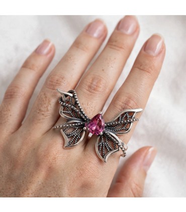 Anillo Mariposa Plata S925 - Topacio Rojo Fucsia Natural con Recubrimiento - Anillo Grande