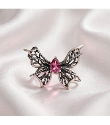 Anillo Mariposa Plata S925 - Topacio Rojo Fucsia Natural con Recubrimiento - Anillo Grande