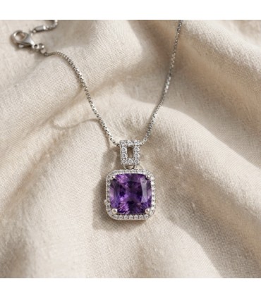Collar Amatista Natural Morada con halo de circonitas - Plata de Ley 925 - Piedra Certificada